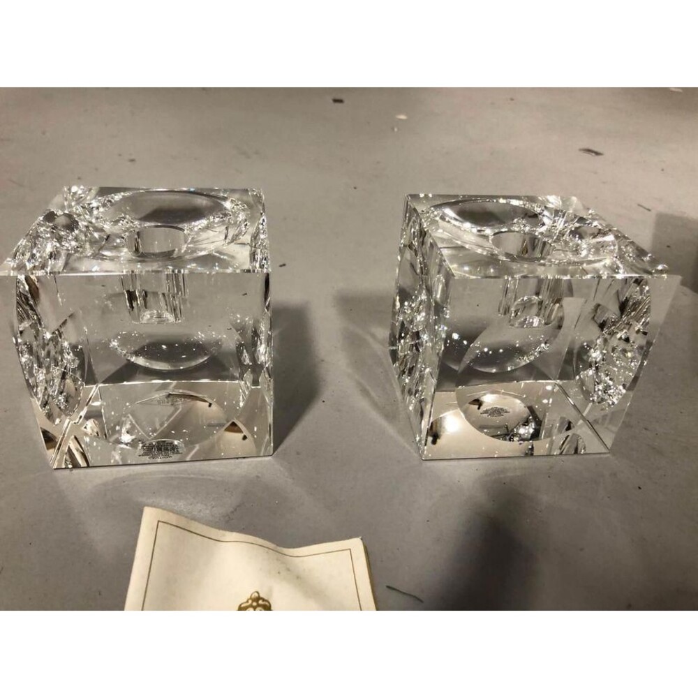 Godinger Crystal Pair of 2 Candlestick Candle Holders Square With Round Cutouts